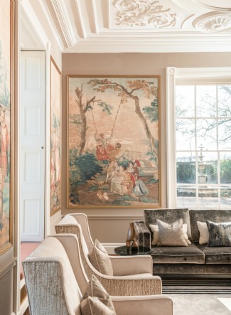 Dancing pairs, cream silk dresses, and fruit pickers grace the walls
