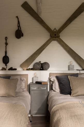 A vintage sea plane propeller makes a striking feature