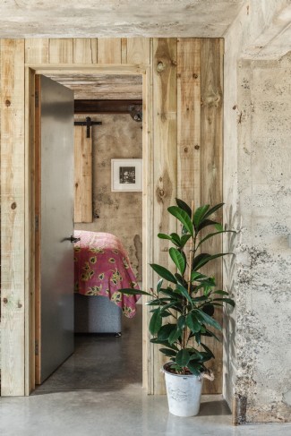 Wood-clad walls and pops of green bring warmth
