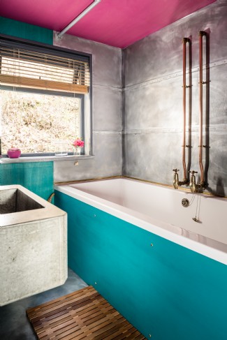 The stylish bathroom with a bathtub and powerful solar-heated shower